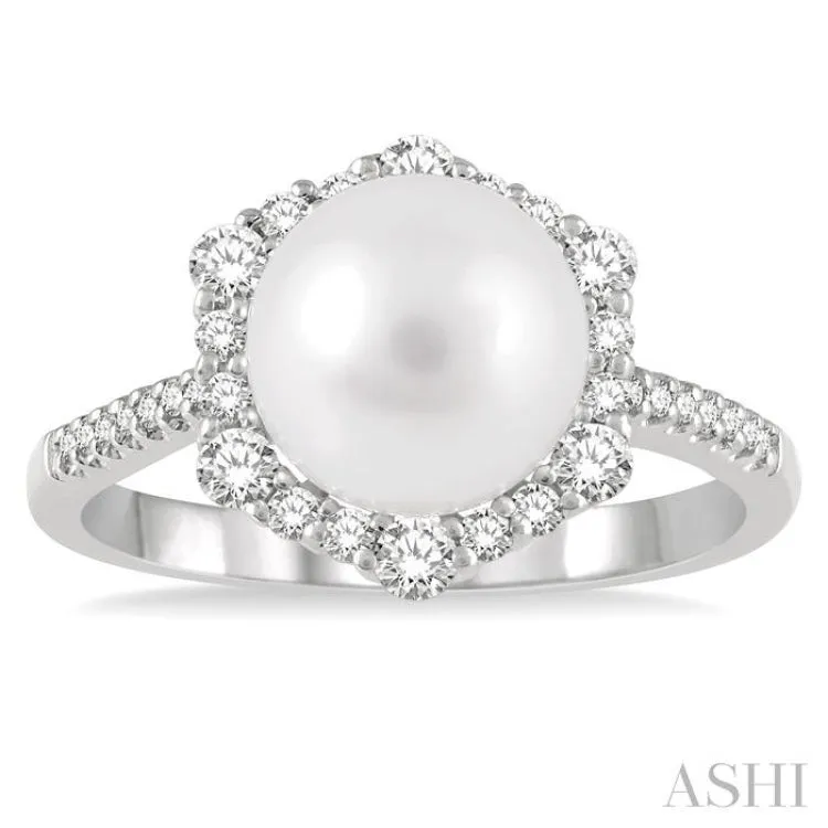 1/3 ctw Hexagon Shape 8X8MM Pearl and Round Cut Diamond Ring in 14K White Gold