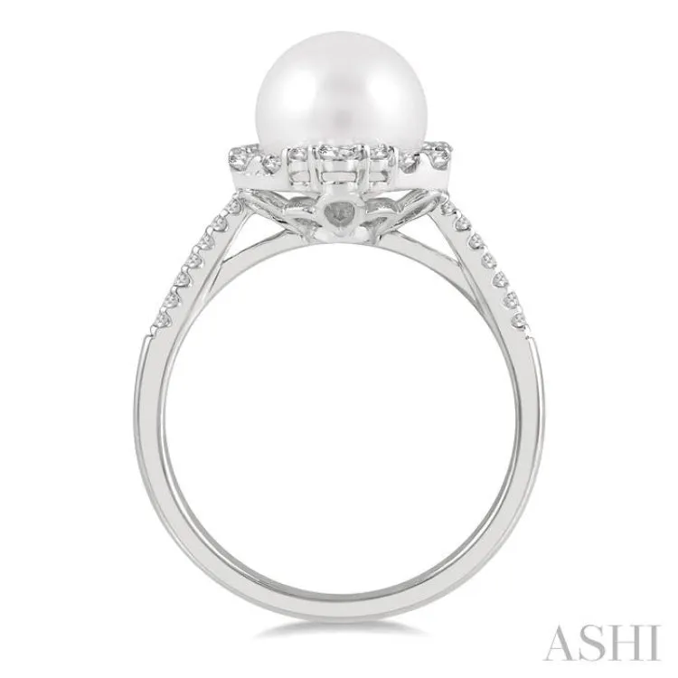 1/3 ctw Hexagon Shape 8X8MM Pearl and Round Cut Diamond Ring in 14K White Gold