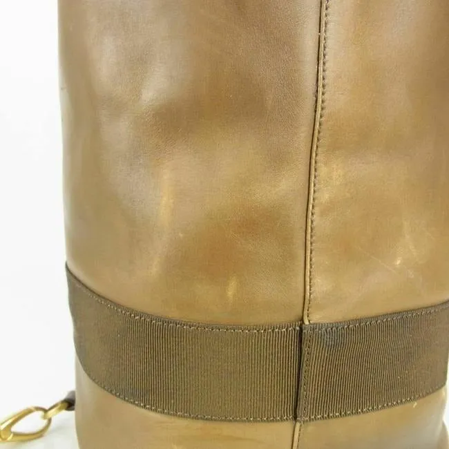 Amazing, Salvatore Ferragamo, RARE, olive green leather XL bucket bag or backpack with a gold Vara accent and a drawstring top closure