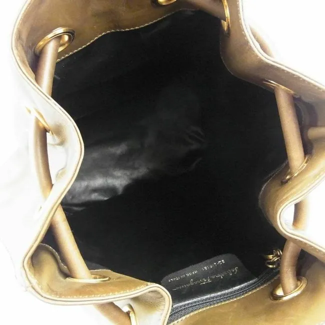 Amazing, Salvatore Ferragamo, RARE, olive green leather XL bucket bag or backpack with a gold Vara accent and a drawstring top closure