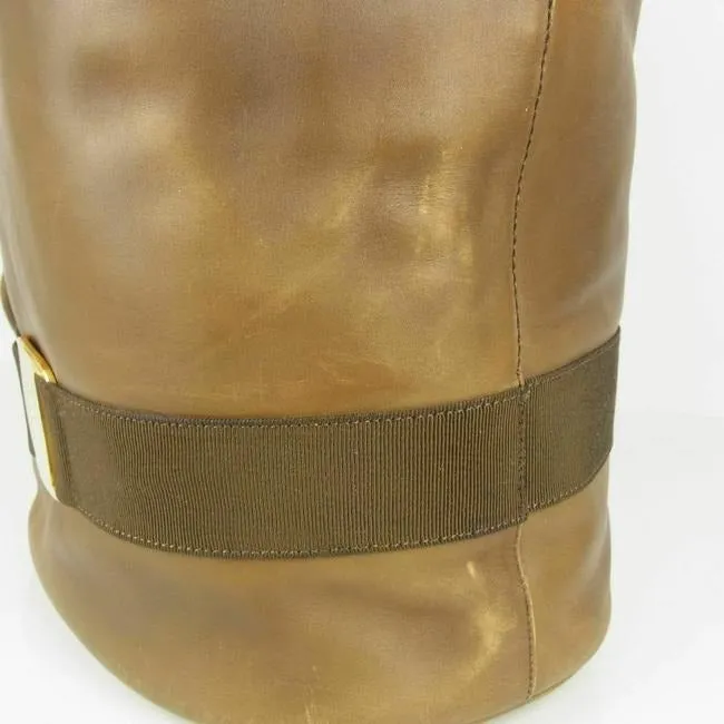 Amazing, Salvatore Ferragamo, RARE, olive green leather XL bucket bag or backpack with a gold Vara accent and a drawstring top closure