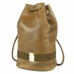 Amazing, Salvatore Ferragamo, RARE, olive green leather XL bucket bag or backpack with a gold Vara accent and a drawstring top closure