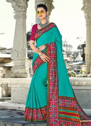 Aqua Blue Color Silk Base Printed Saree With Contrast Blouse