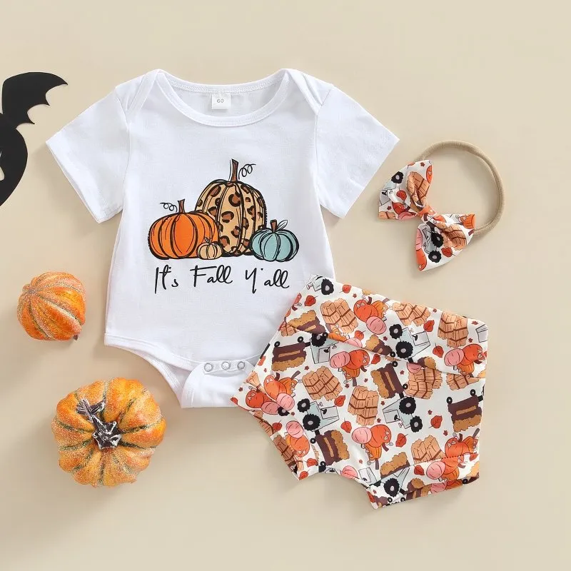 Baby Girl Festive Autumn Onesie and Shorts with Headband Set