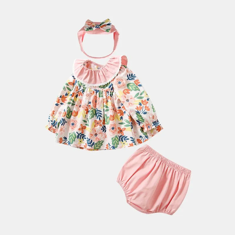 Baby/Toddler Girl Colorful Floral Prints Top and Shorts Set   Headband