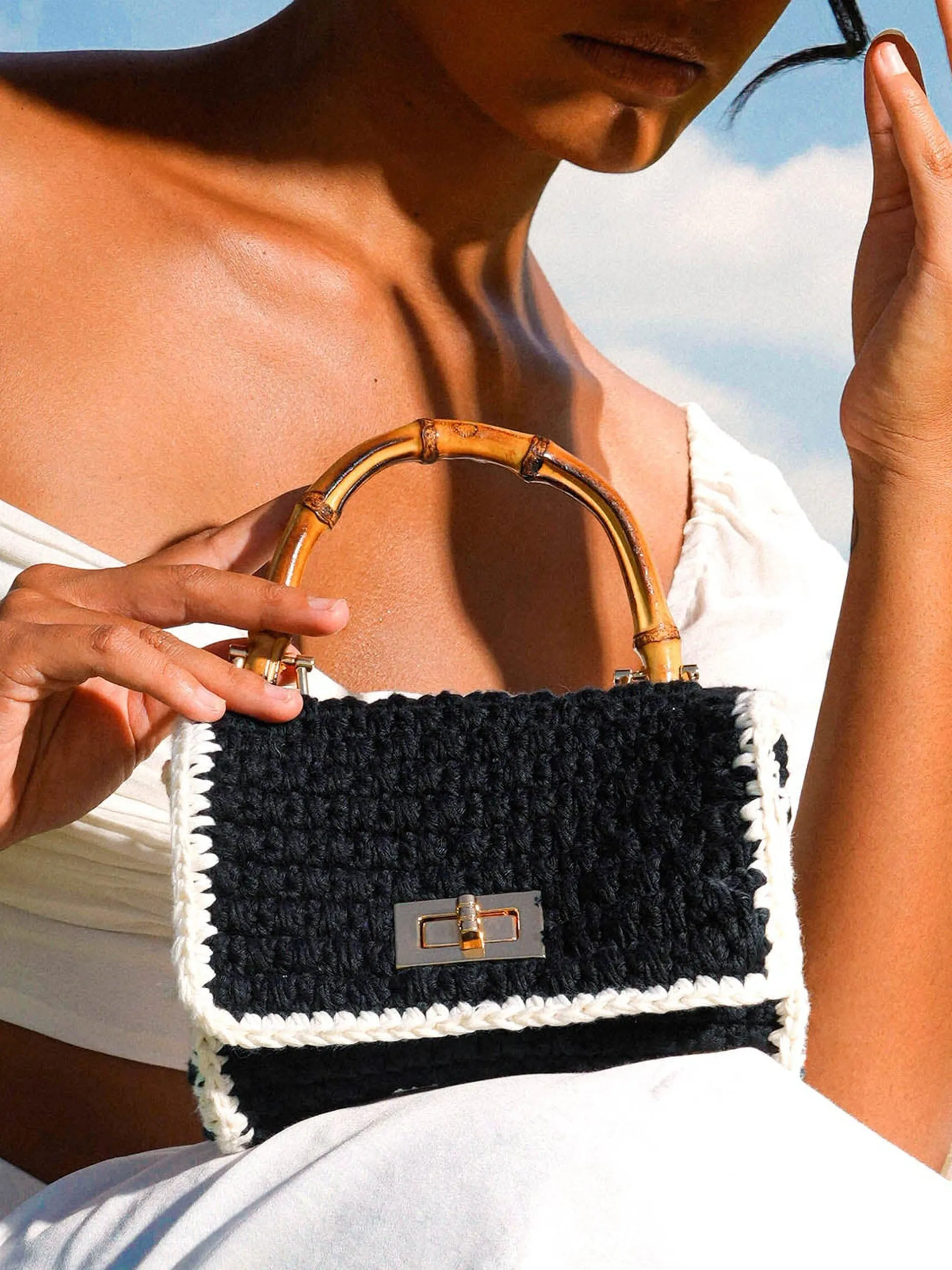 Black and white Airmail mini crochet handbag