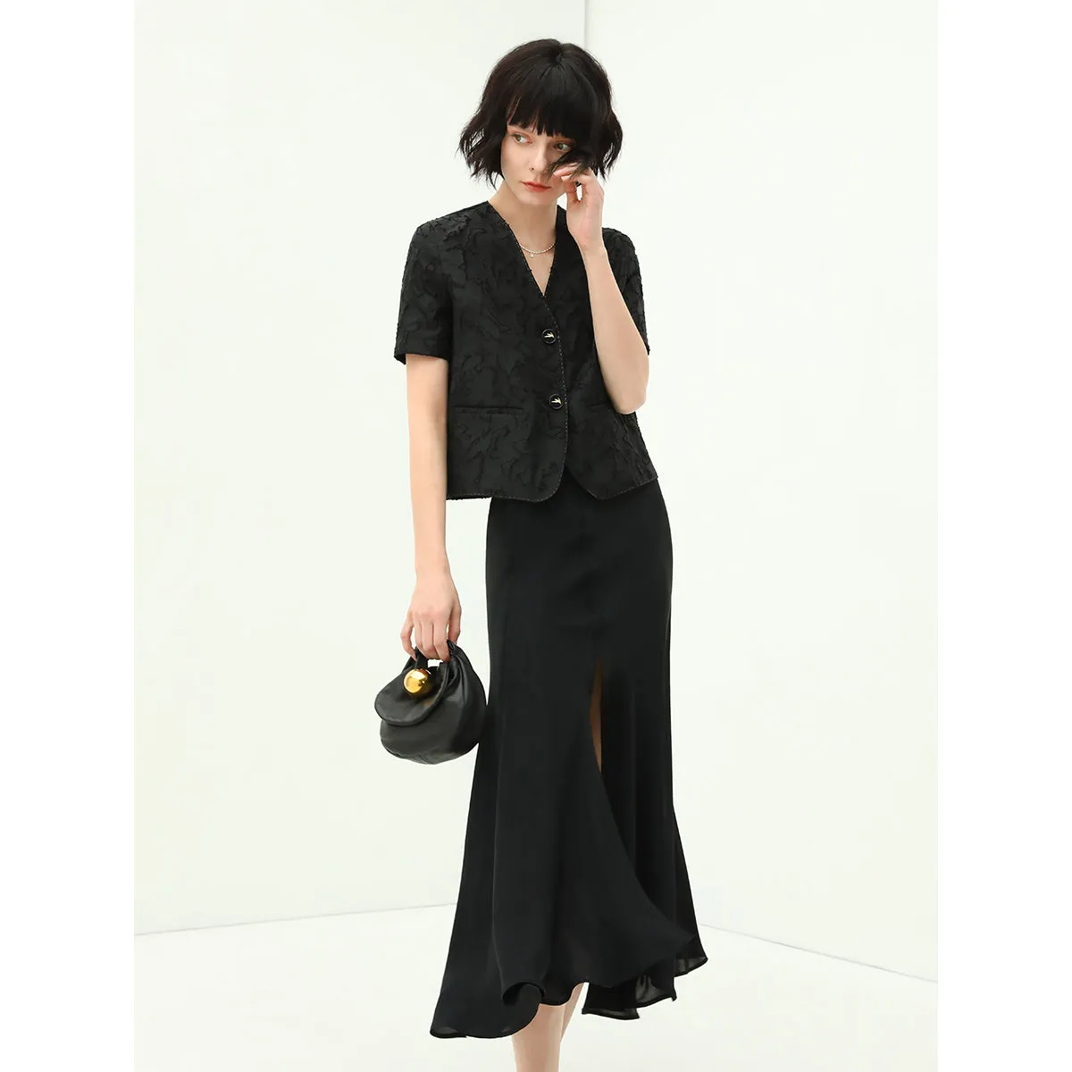 Black Draped Mermaid Skirt with Subtle Front Slit