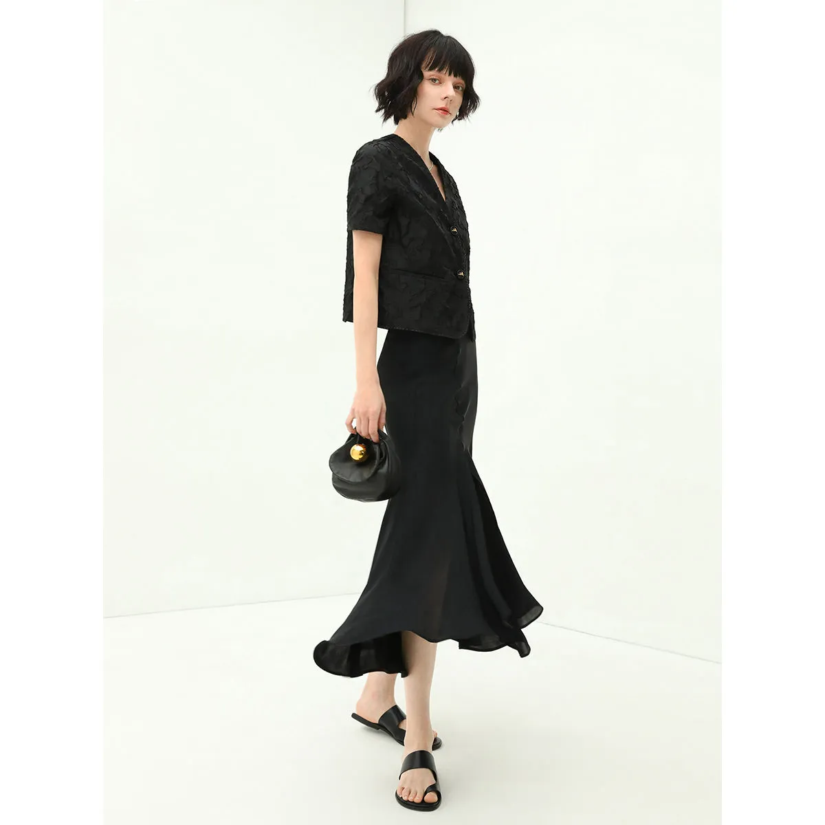 Black Draped Mermaid Skirt with Subtle Front Slit