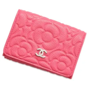CHANEL Camellia Embossed Flap Tri-Fold Compact Wallet Pink AP0116 Caviar Leather