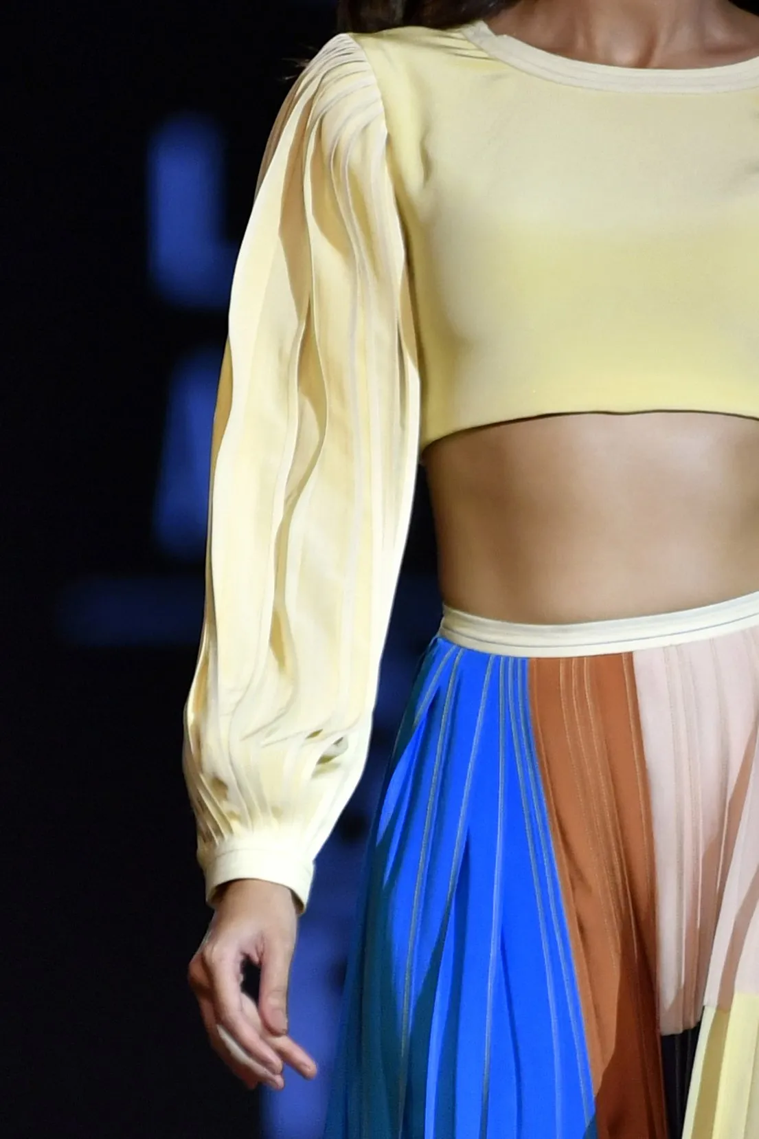 Cropped Silk Blouse with Hand-bound Pleated Sleeves