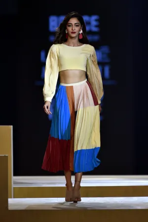 Cropped Silk Blouse with Hand-bound Pleated Sleeves