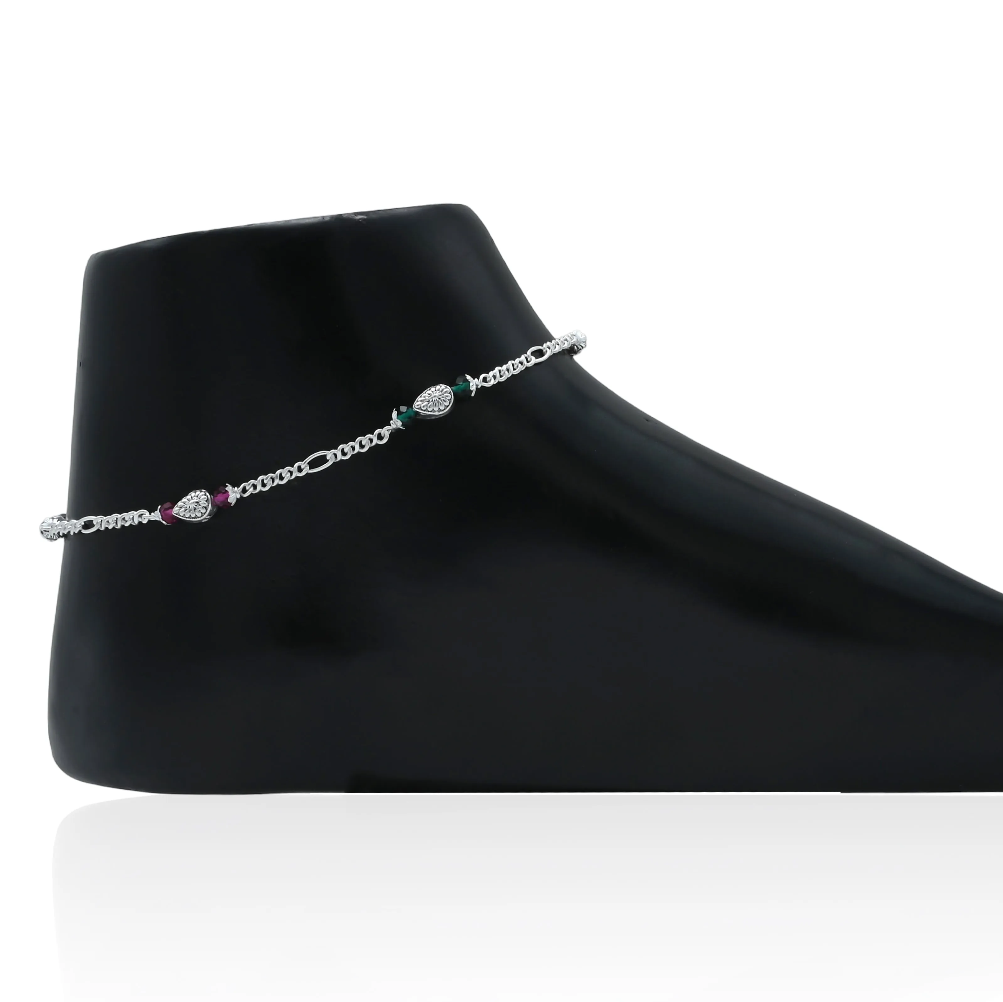 Delicate Silver Payal with Multi-Color Beads and Teardrop Design