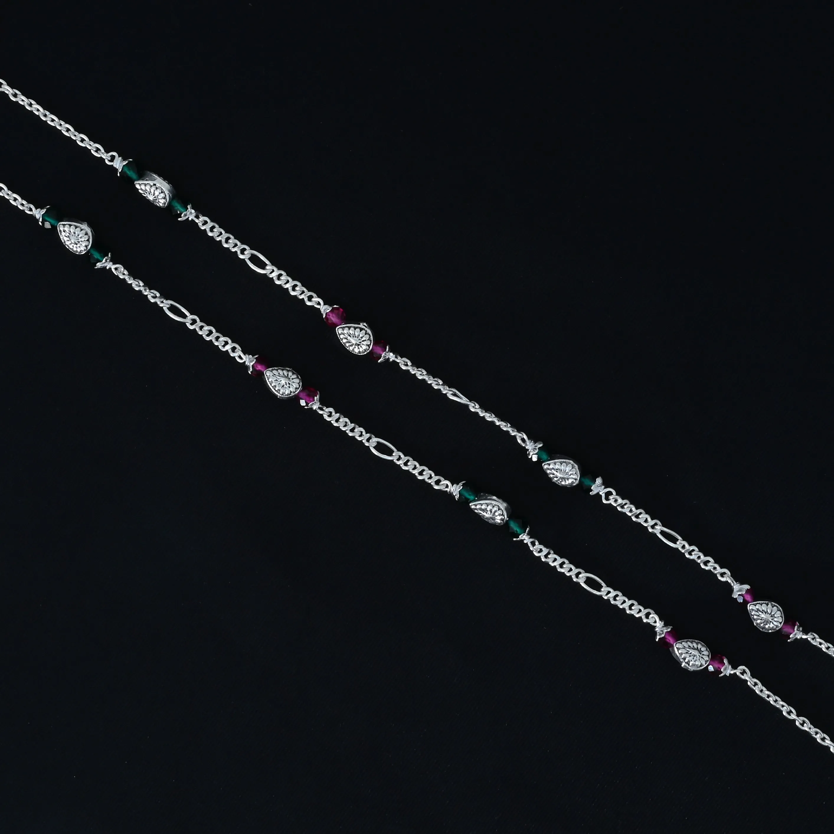 Delicate Silver Payal with Multi-Color Beads and Teardrop Design