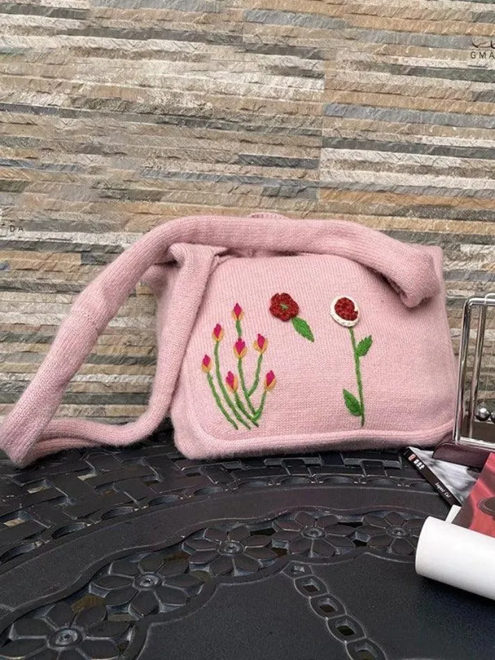 Ethnic Floral Embroidery Knitted Shopper Bag