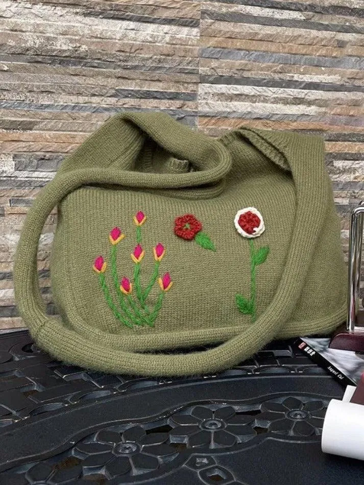 Ethnic Floral Embroidery Knitted Shopper Bag
