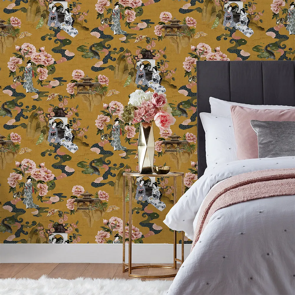 Geisha Floral Wallpaper Ochre