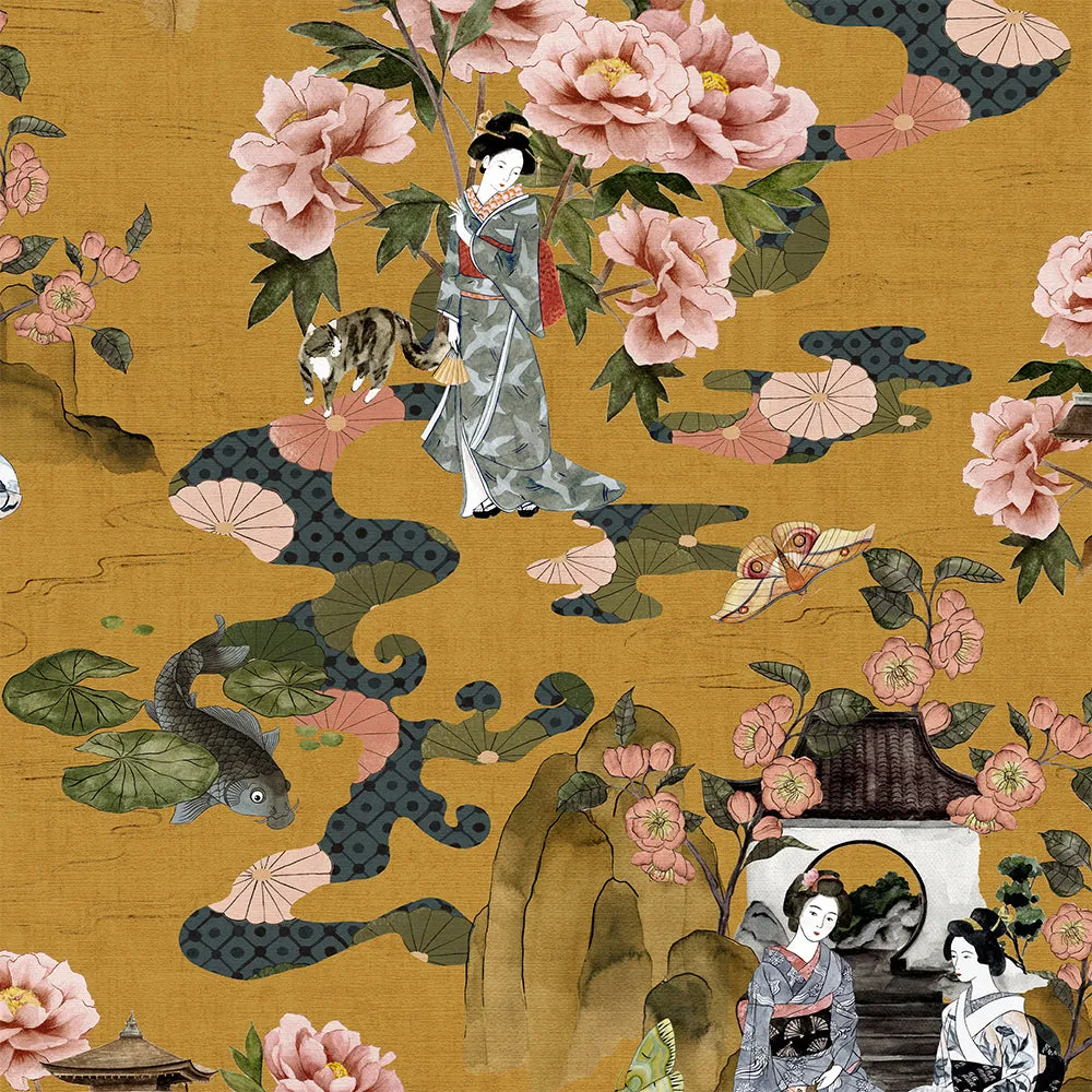 Geisha Floral Wallpaper Ochre