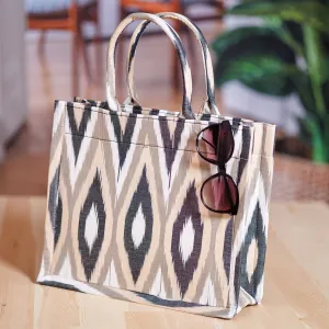 Handcrafted Ikat Cotton Tote Bag in Brown Black and White - Splendorous Style | NOVICA