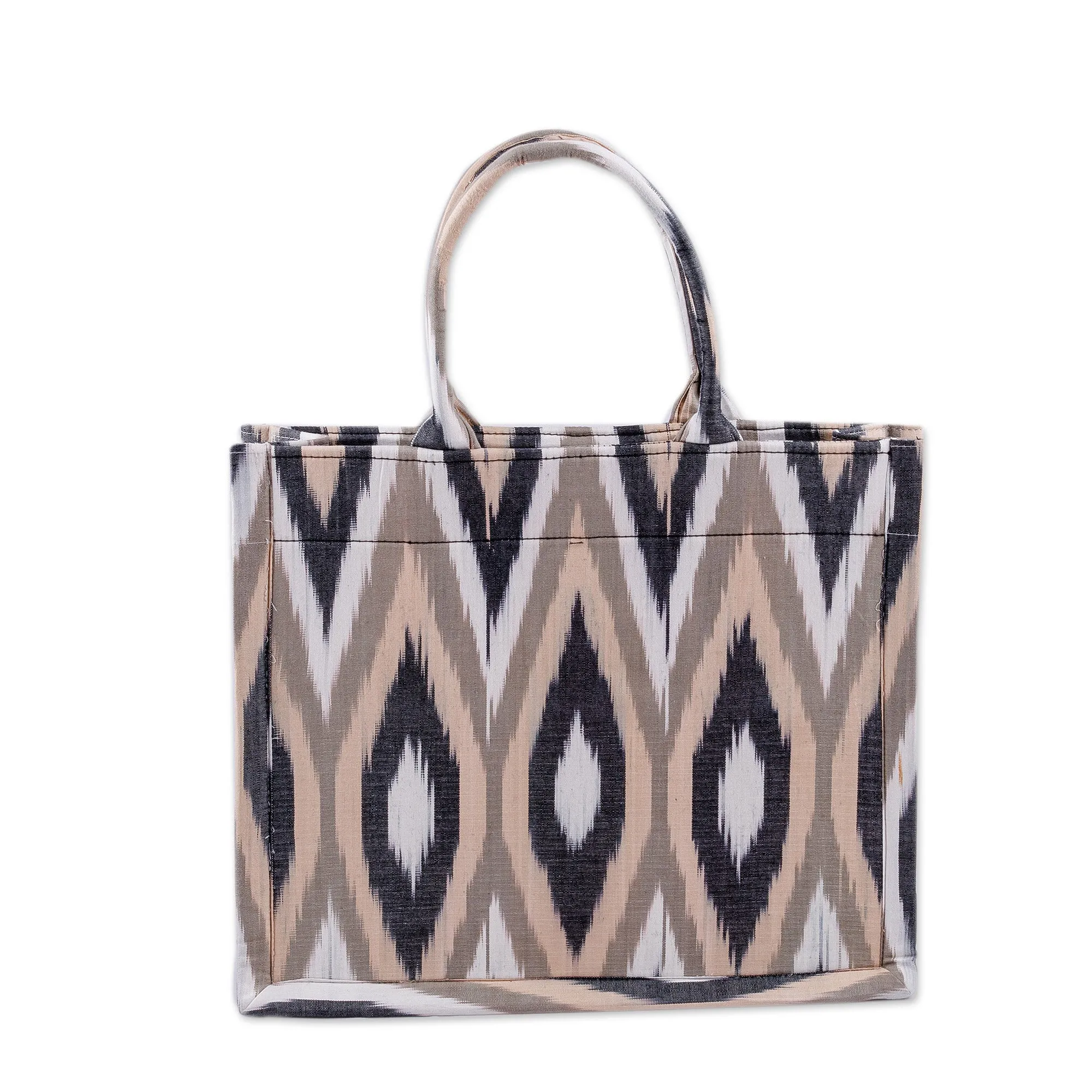 Handcrafted Ikat Cotton Tote Bag in Brown Black and White - Splendorous Style | NOVICA