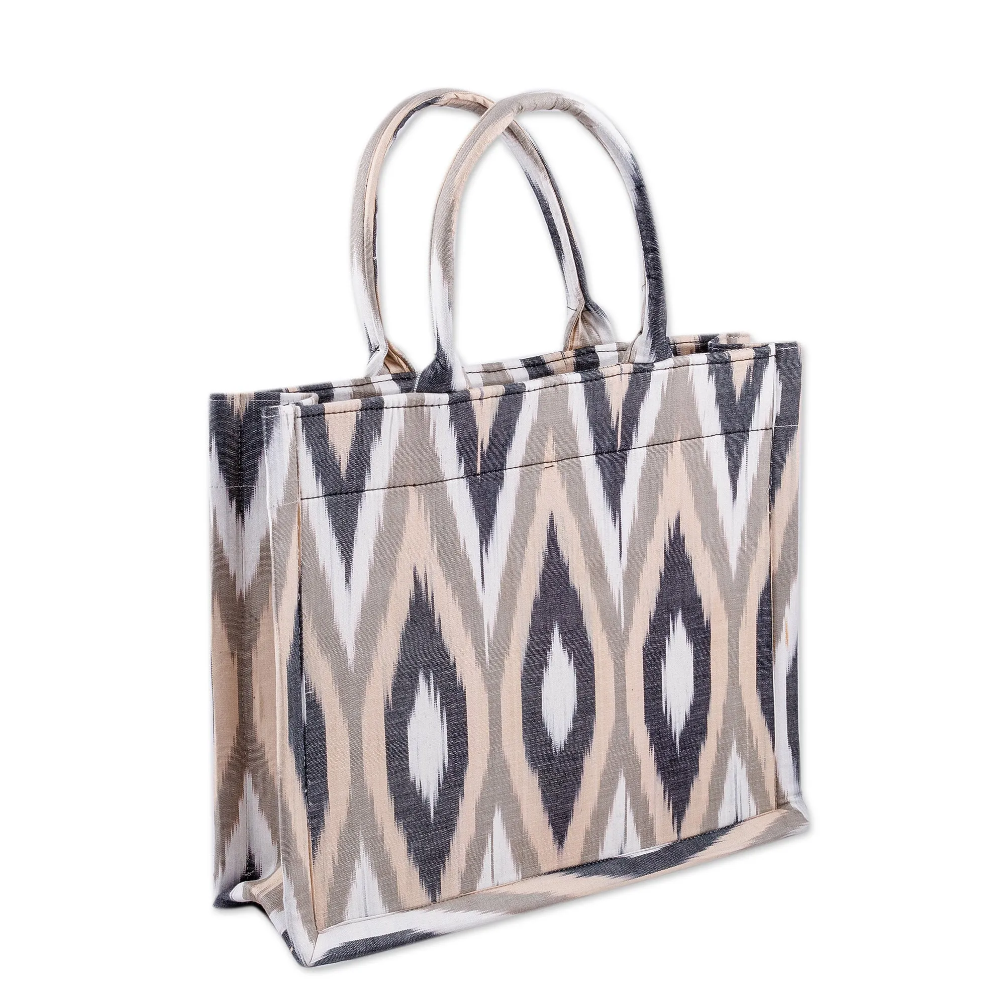 Handcrafted Ikat Cotton Tote Bag in Brown Black and White - Splendorous Style | NOVICA