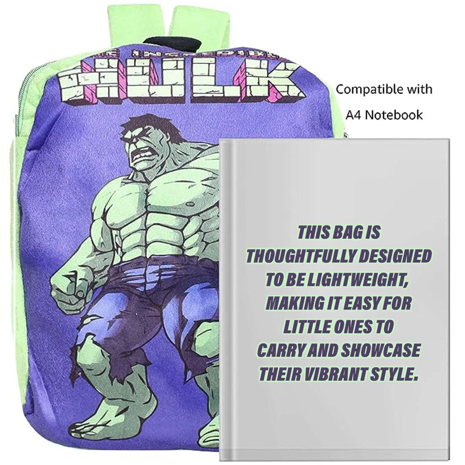 Kuber Industries Marvel Hulk Backpack | 2 Compartment Velvet School Bag | School Bag for Kids | Kids School Backpack | Backpack for School | Green