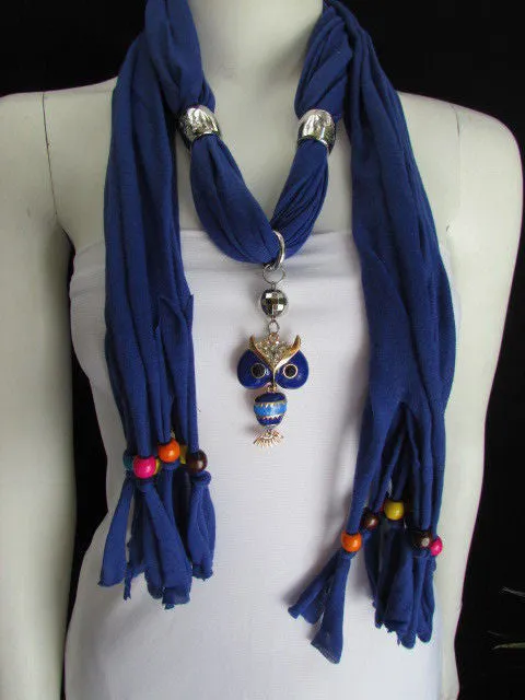Long Fringed Scarf with Multicolored Beads & Owl Pendant