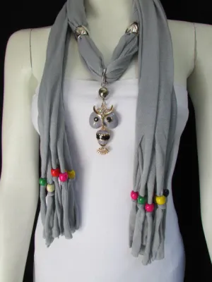 Long Fringed Scarf with Multicolored Beads & Owl Pendant