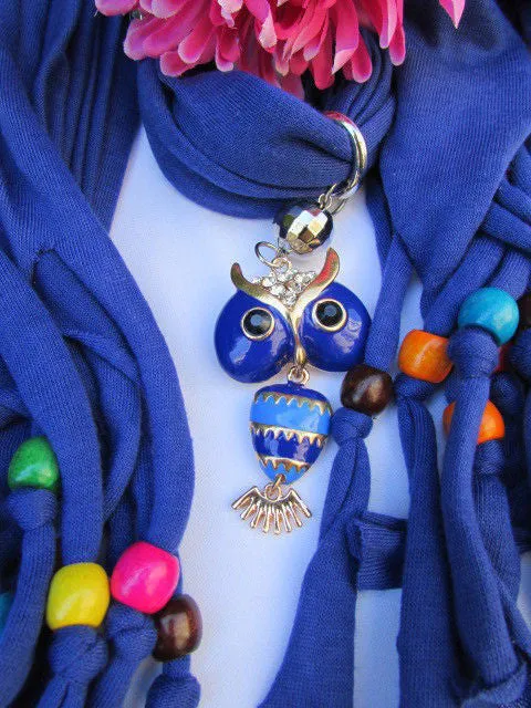 Long Fringed Scarf with Multicolored Beads & Owl Pendant