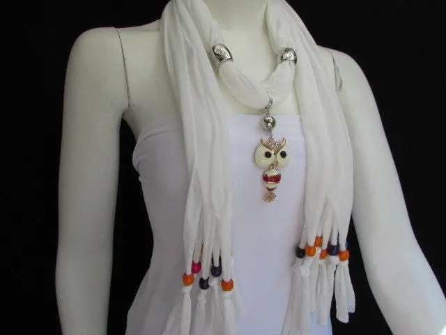 Long Fringed Scarf with Multicolored Beads & Owl Pendant