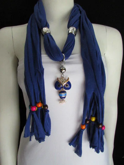 Long Fringed Scarf with Multicolored Beads & Owl Pendant