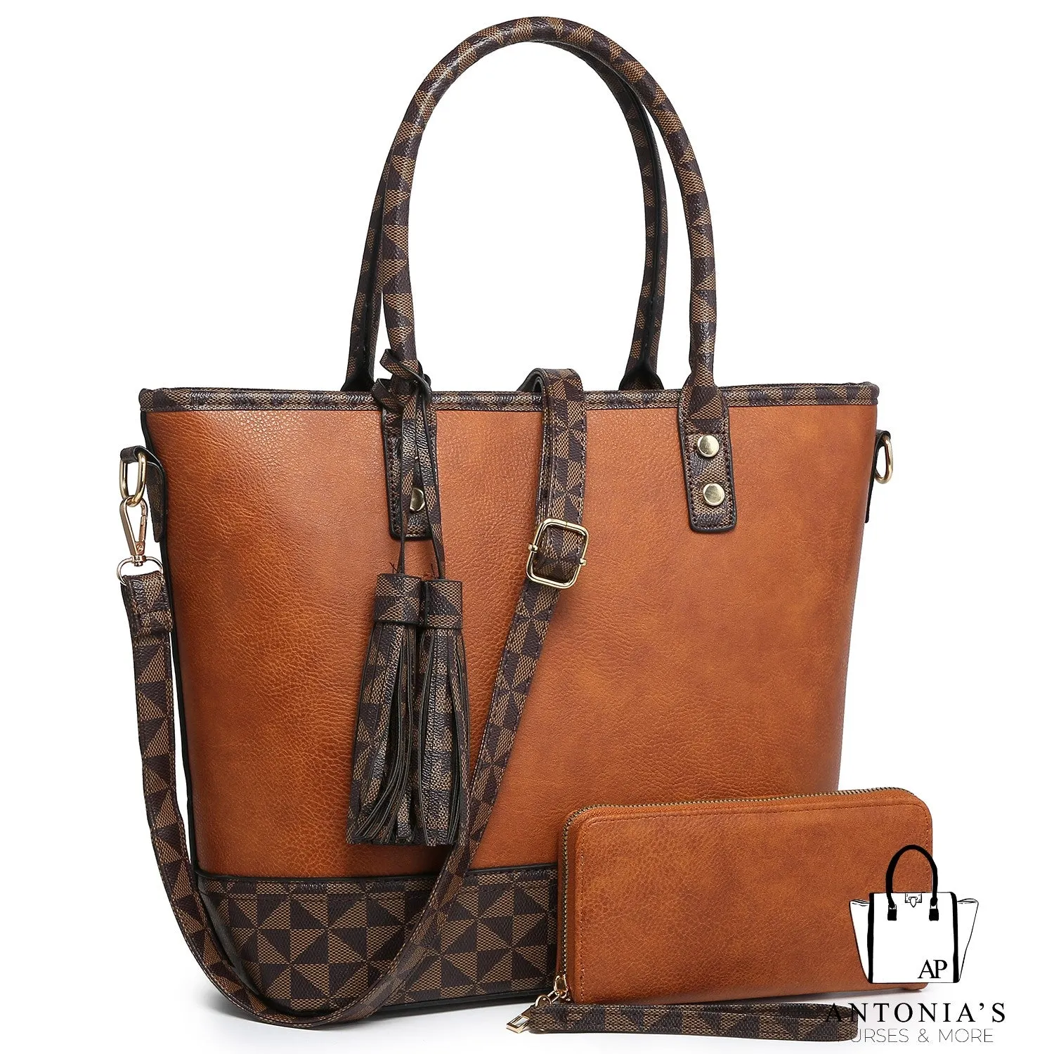 LUXIE COLLECTION Monogram Color block 2-in-1 Shopper Set - Brown & Coffee