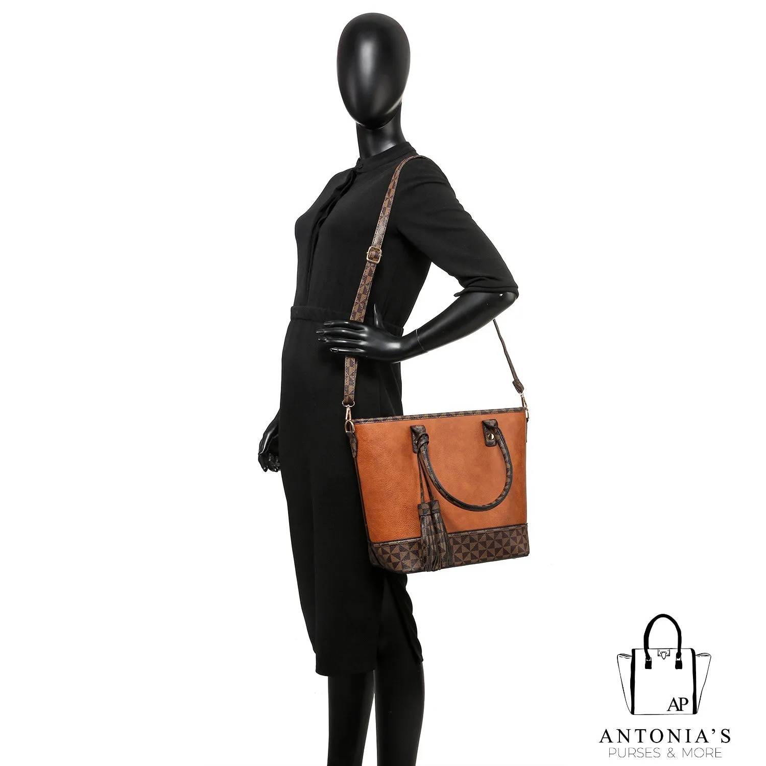 LUXIE COLLECTION Monogram Color block 2-in-1 Shopper Set - Brown & Coffee