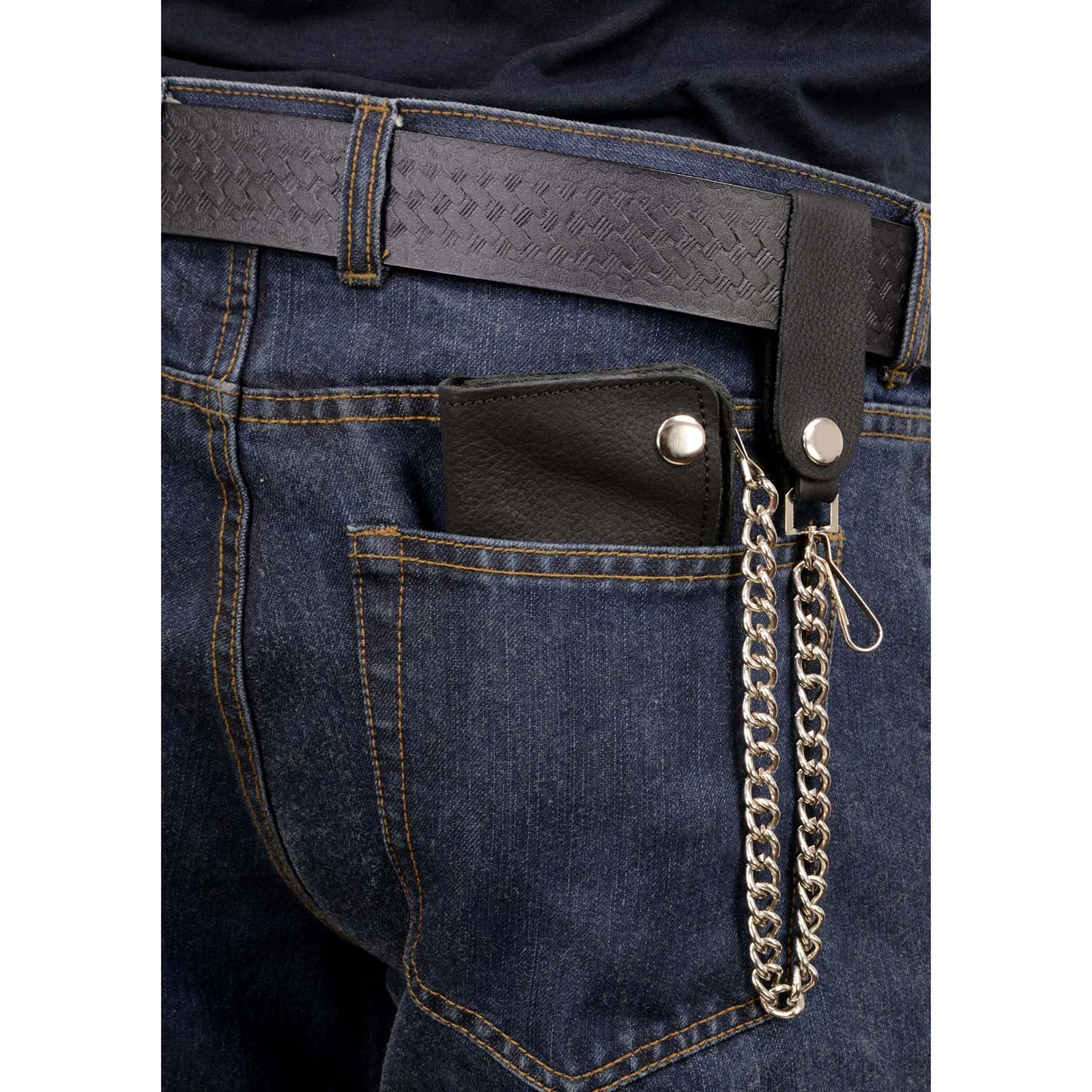 Milwaukee Leather MLW7883 Men's 6 Black Naked Leather Soft Biker Wallet - Bi-Fold Anti-Theft Stainless Steel Chain