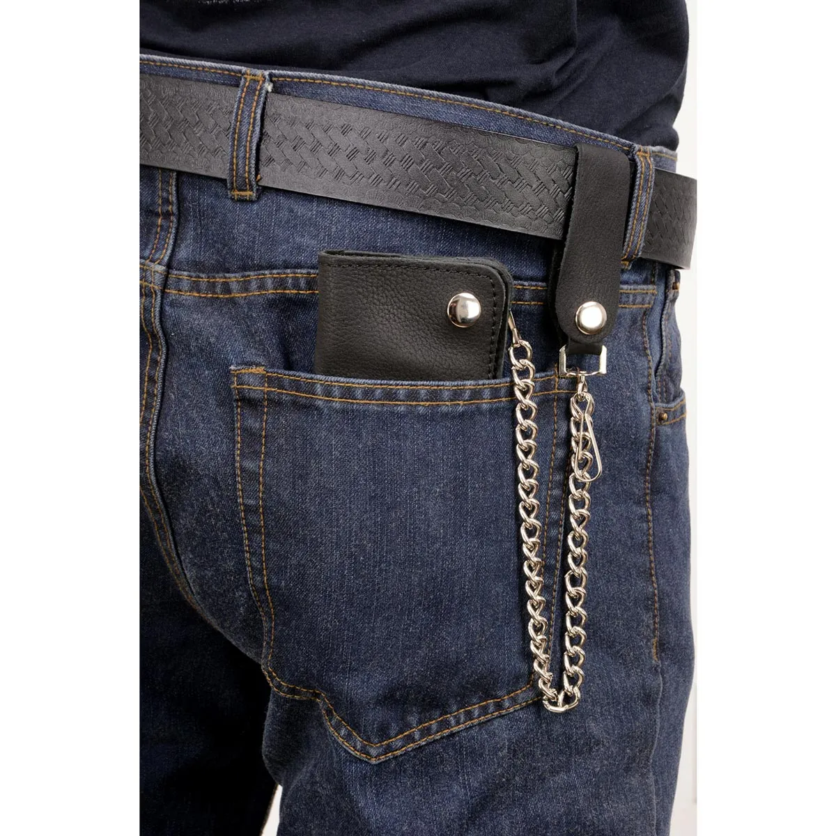 Milwaukee Leather MLW7889 Men's 7.5 Black Naked Leather Soft Biker Wallet - Bi-Fold Anti-Theft Stainless Steel Chain