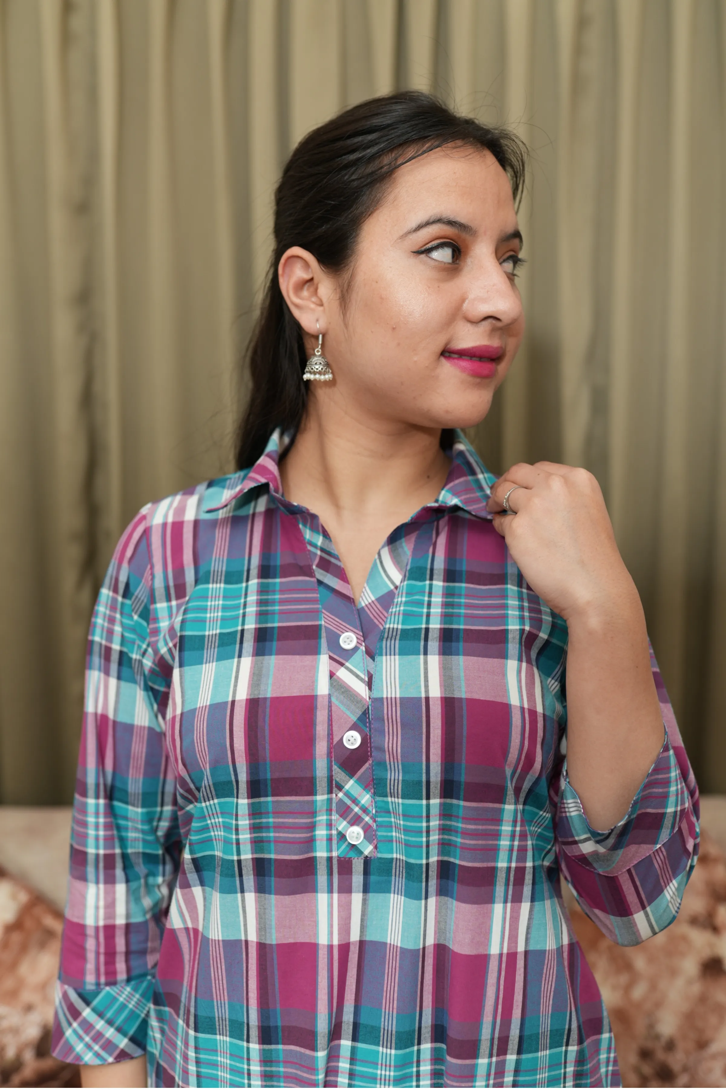 Ocean Orchid Checked A-Line Kurta