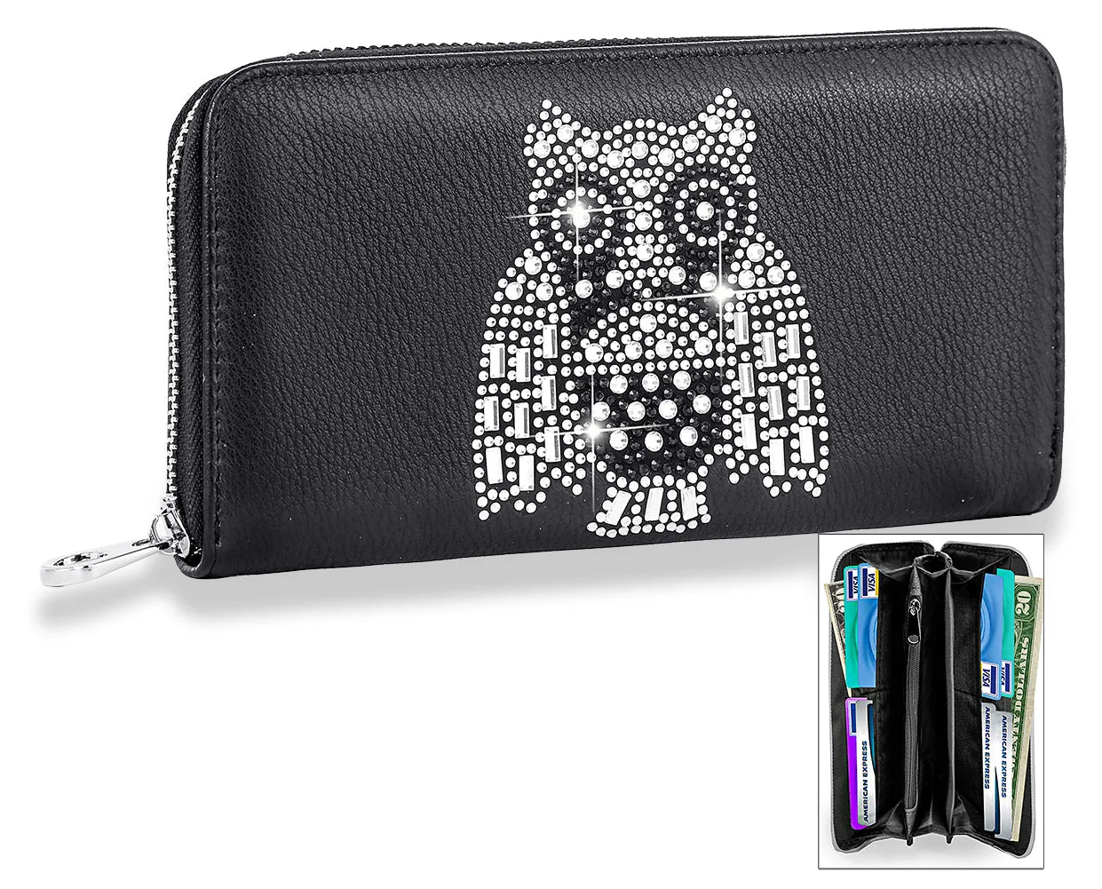 Owl Design Rhinestone Accordion Wallet