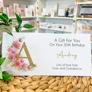 Personalised Birthday Card Money Gift Wallet Voucher Gold Pink Floral