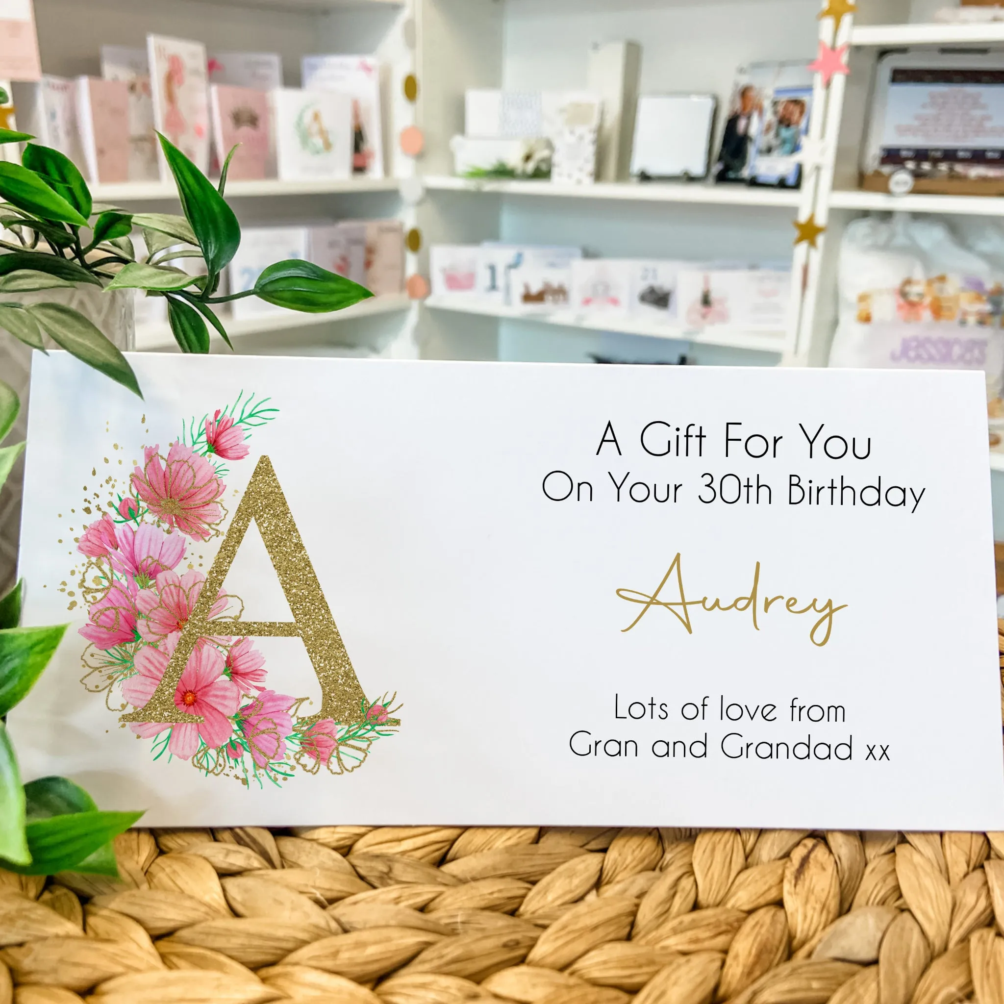 Personalised Birthday Card Money Gift Wallet Voucher Gold Pink Floral