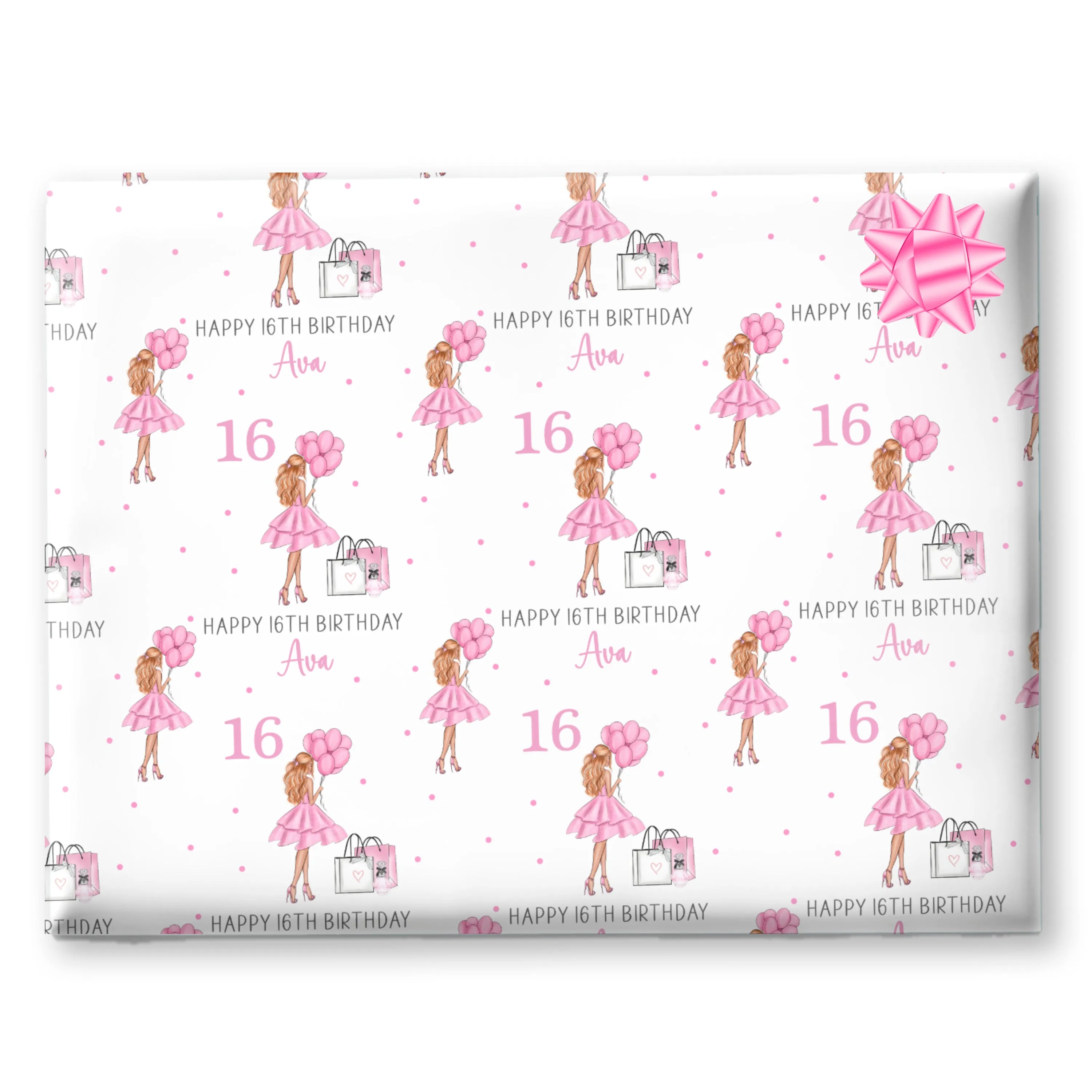 Personalised Birthday Gift Wrap Girl Pink Dress