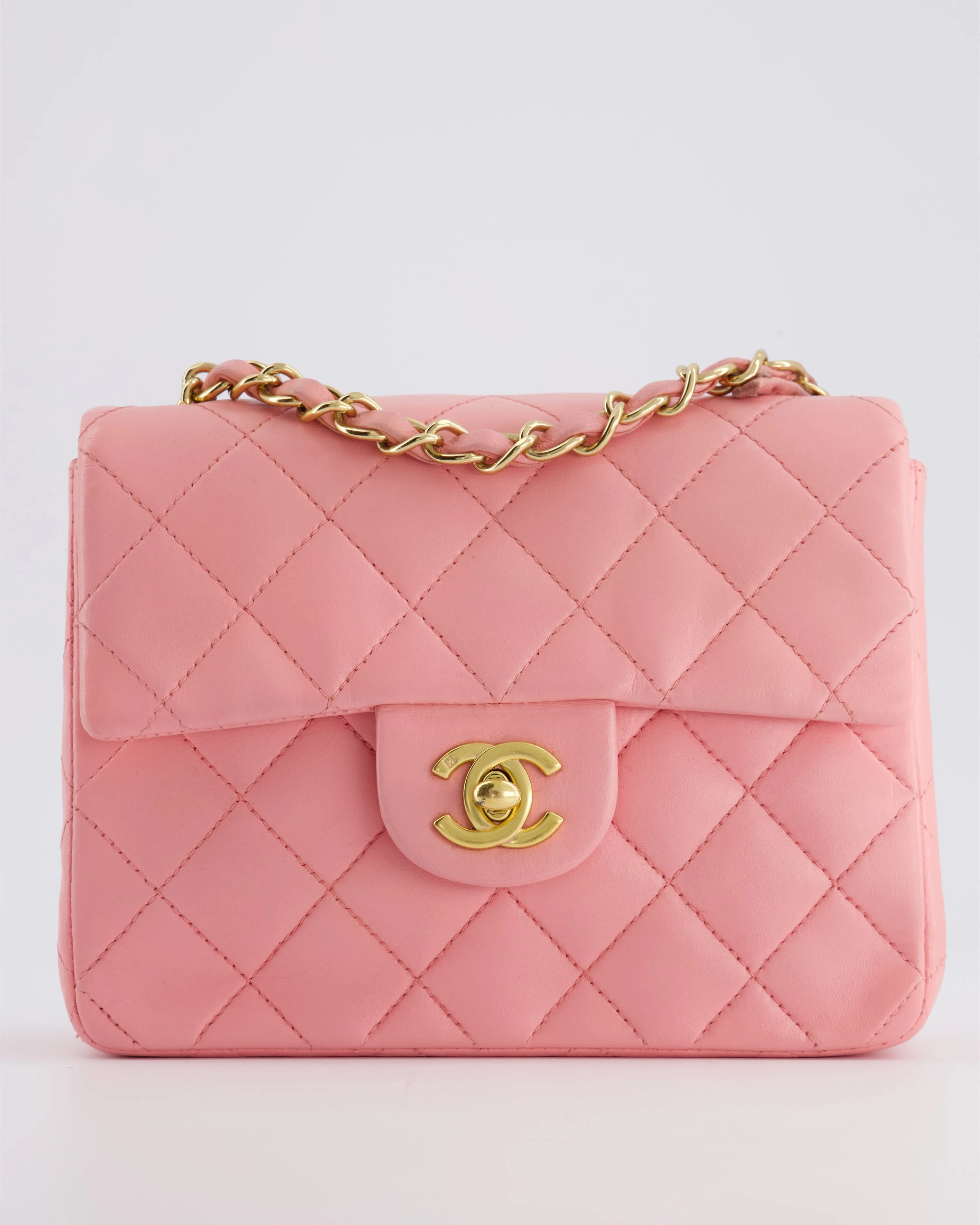 *RARE* Chanel Vintage Bubblegum Pink Mini Square Flap Bag in Lambskin Leather with 24K Gold Hardware