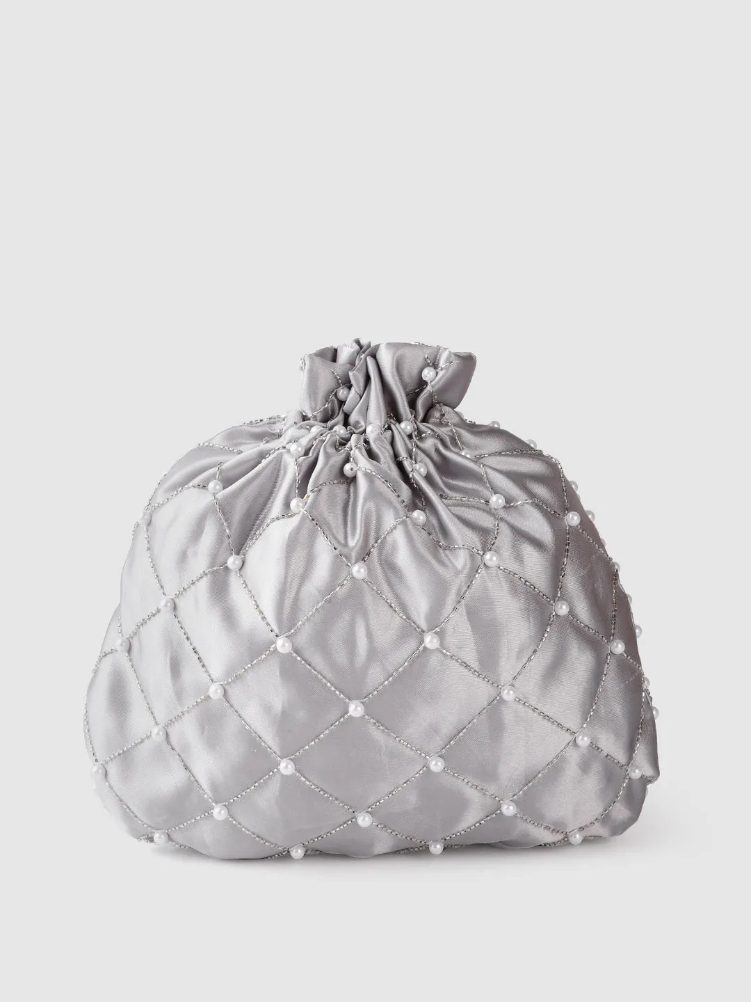 Silver Potli Bag With Silver crystals, white flowers, pearls and swarovski