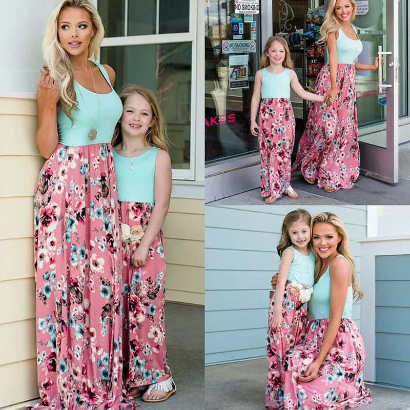 Summer Sleeveless Floral Print Dress for Mom and Me