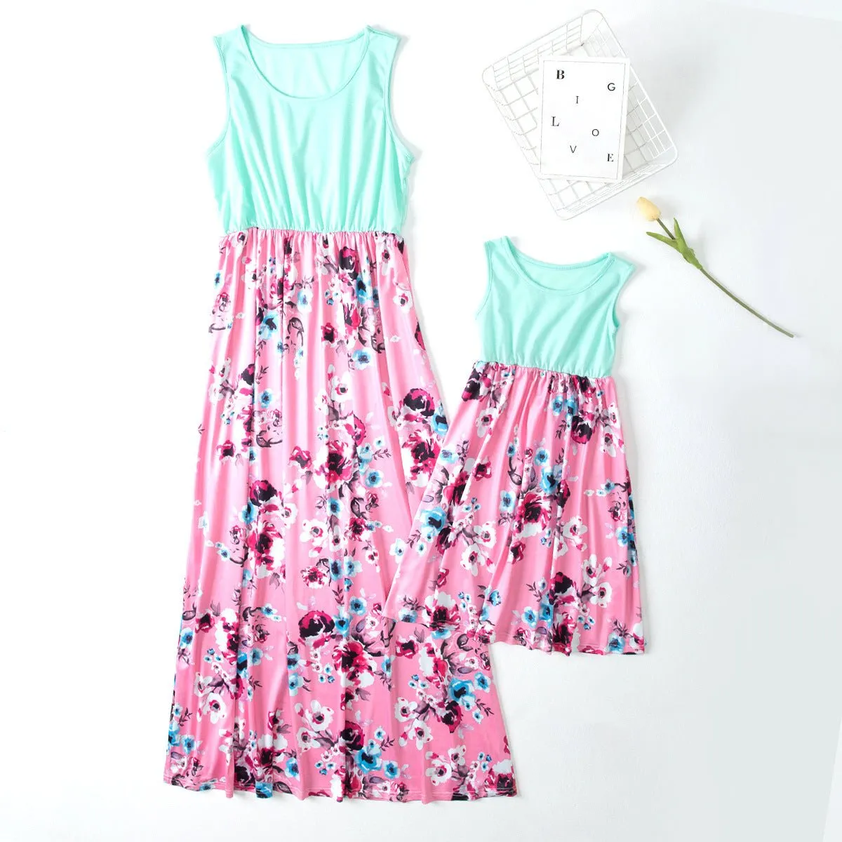 Summer Sleeveless Floral Print Dress for Mom and Me