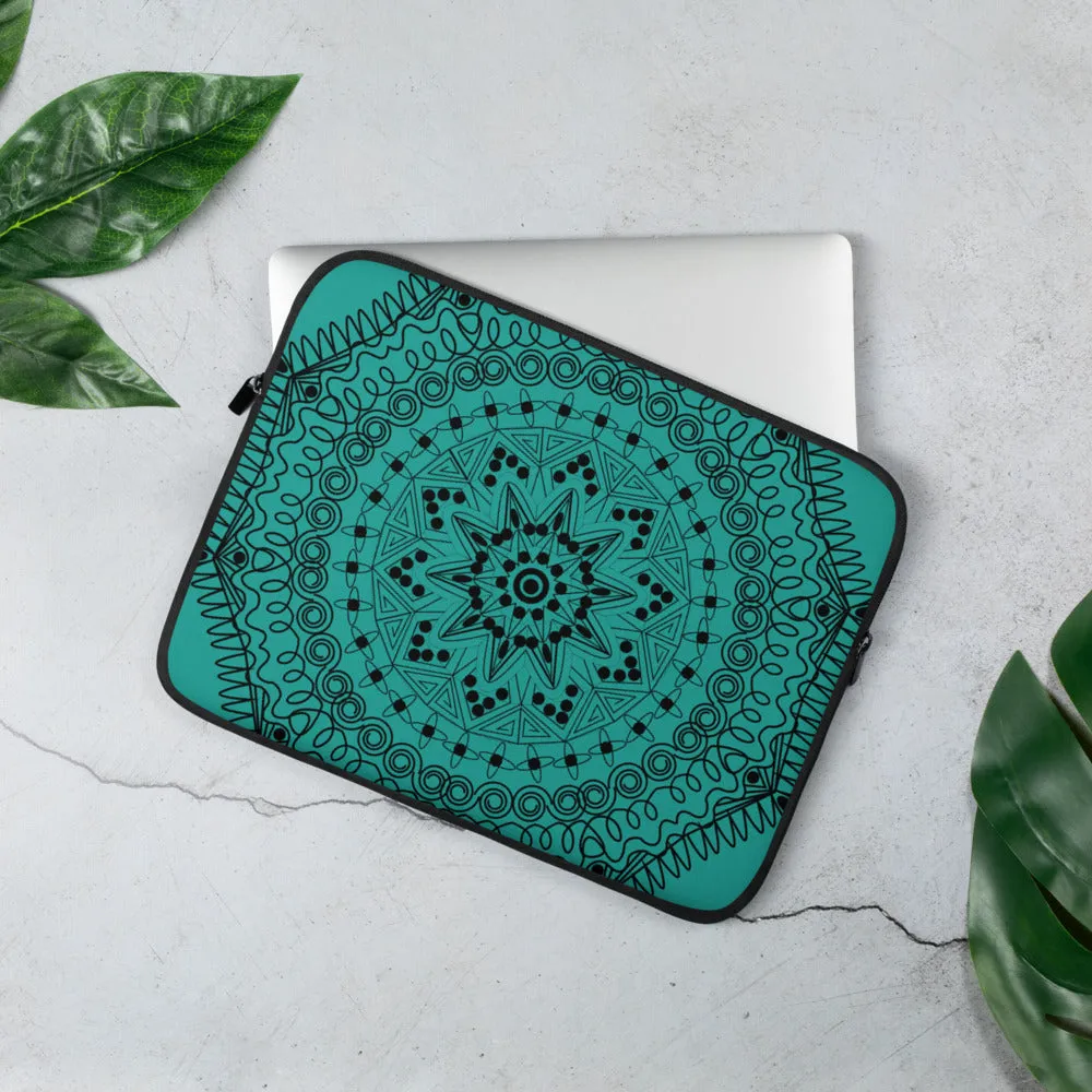 Teal & Black Mandala Flower Laptop Sleeve  13 & 15" Fun Trendy Unique Gifts