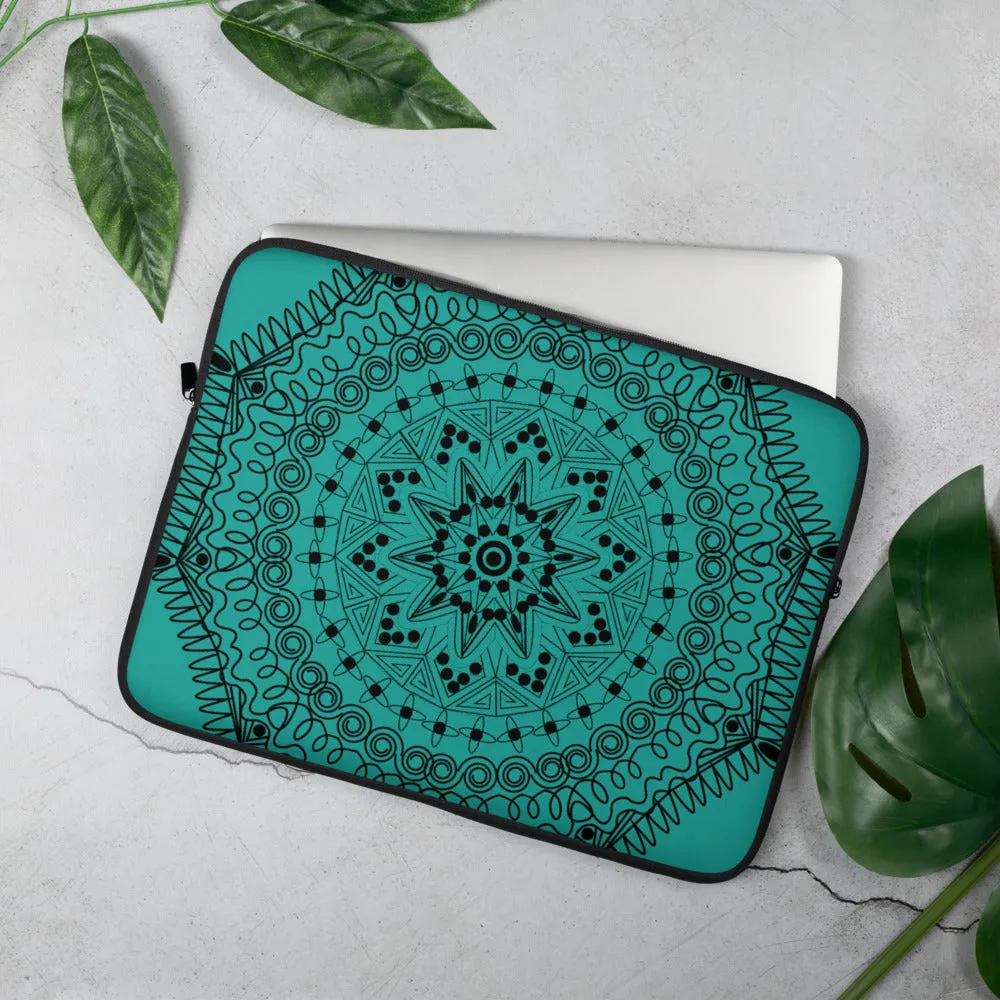 Teal & Black Mandala Flower Laptop Sleeve  13 & 15" Fun Trendy Unique Gifts