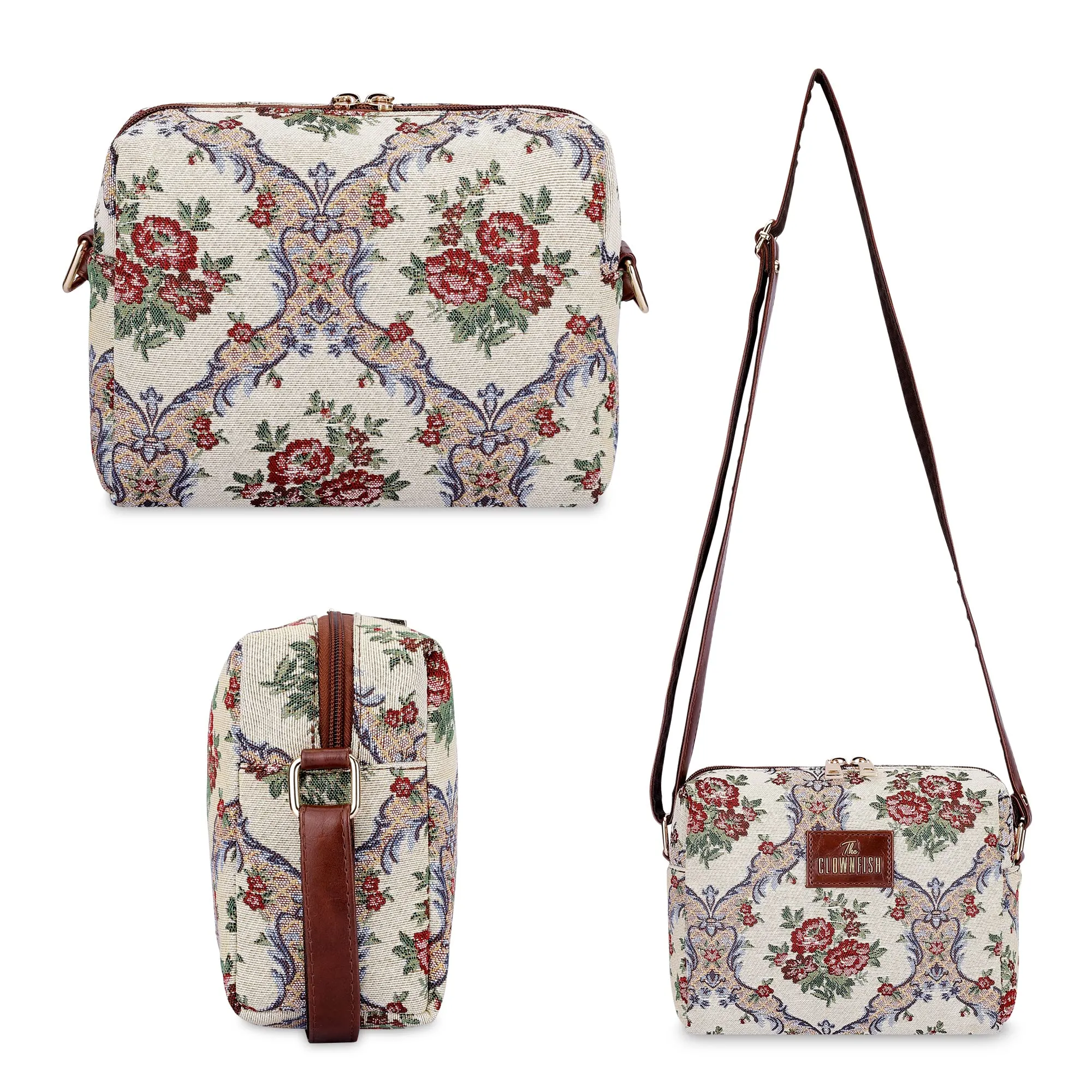 THE CLOWNFISH Combo Of Adelina Series Sling for Women Crossbody Bag for College Girls Lorna Tapestry Fabric & Faux Leather Handbag Sling Bag for Women (Brown-Floral)