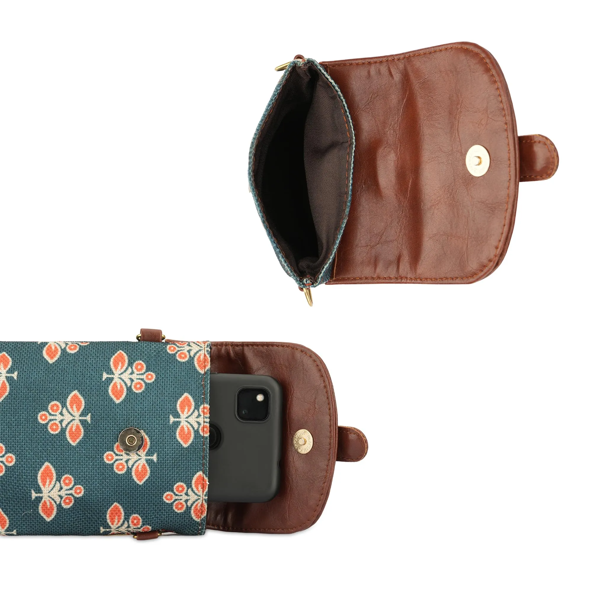 THE CLOWNFISH Flexiflare Series Mobile Sling for Women Printed Handicraft Fabric & Faux leather Casual Ladies Mobile Pouch Crossbody Bag for College Girls (Persian Green)
