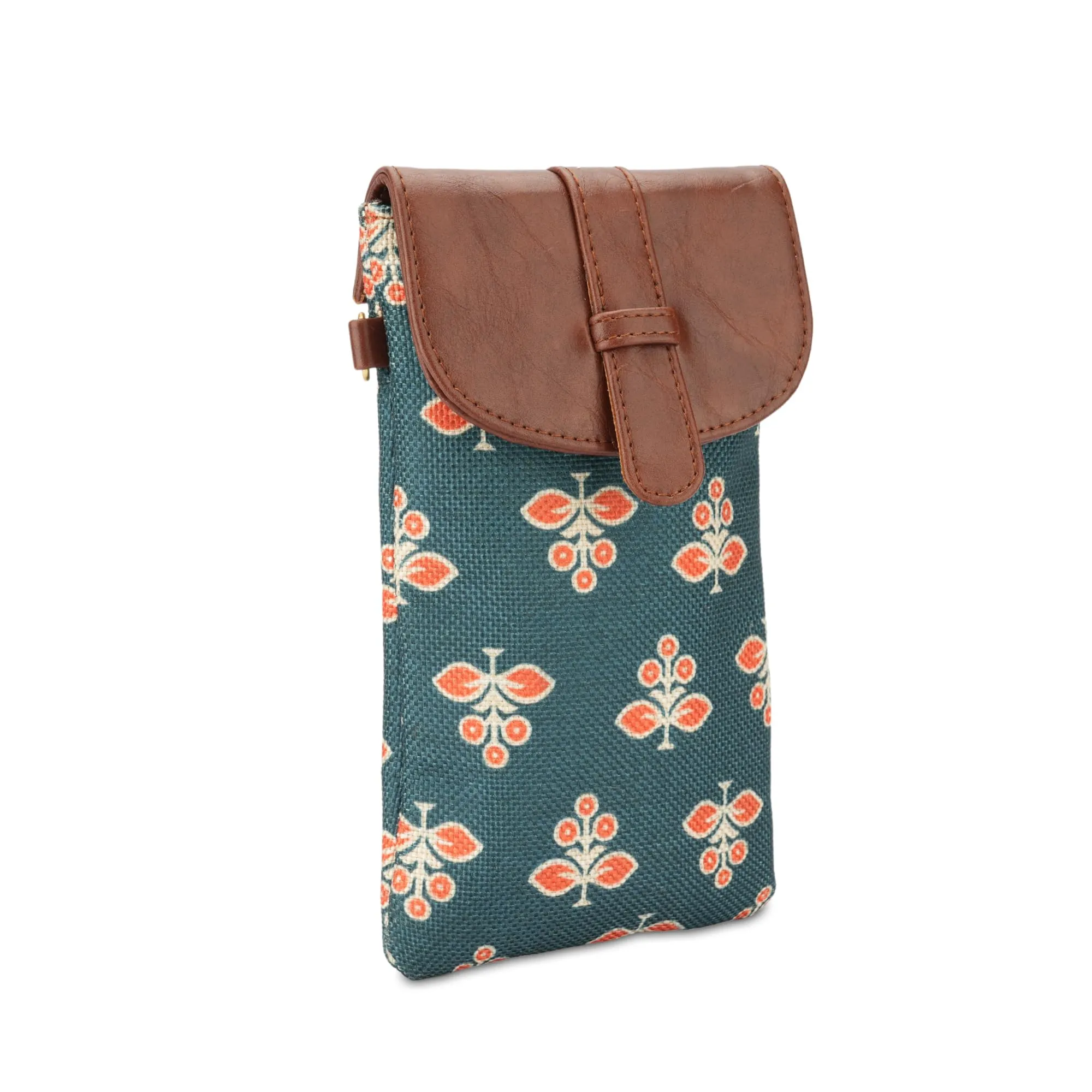 THE CLOWNFISH Flexiflare Series Mobile Sling for Women Printed Handicraft Fabric & Faux leather Casual Ladies Mobile Pouch Crossbody Bag for College Girls (Persian Green)