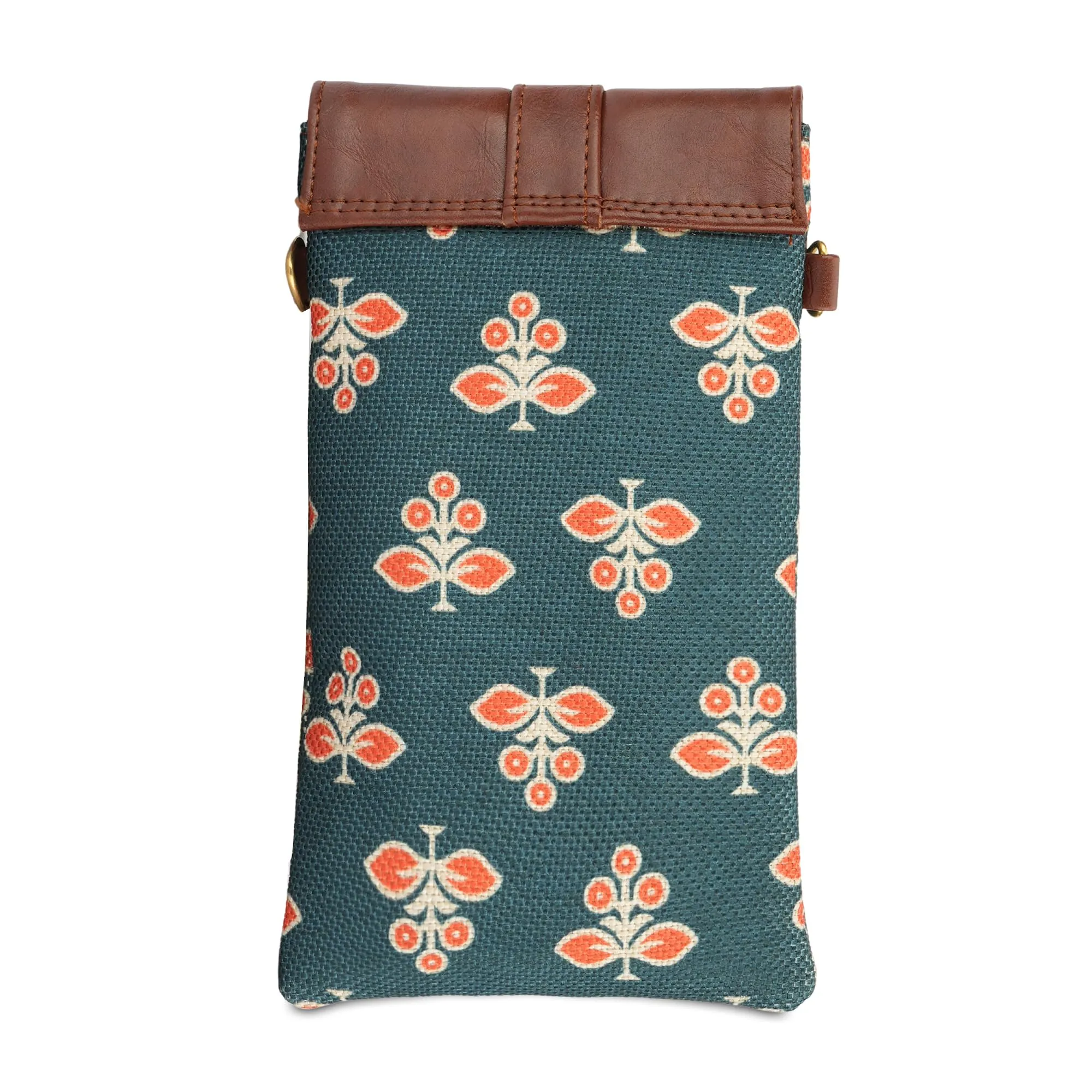 THE CLOWNFISH Flexiflare Series Mobile Sling for Women Printed Handicraft Fabric & Faux leather Casual Ladies Mobile Pouch Crossbody Bag for College Girls (Persian Green)