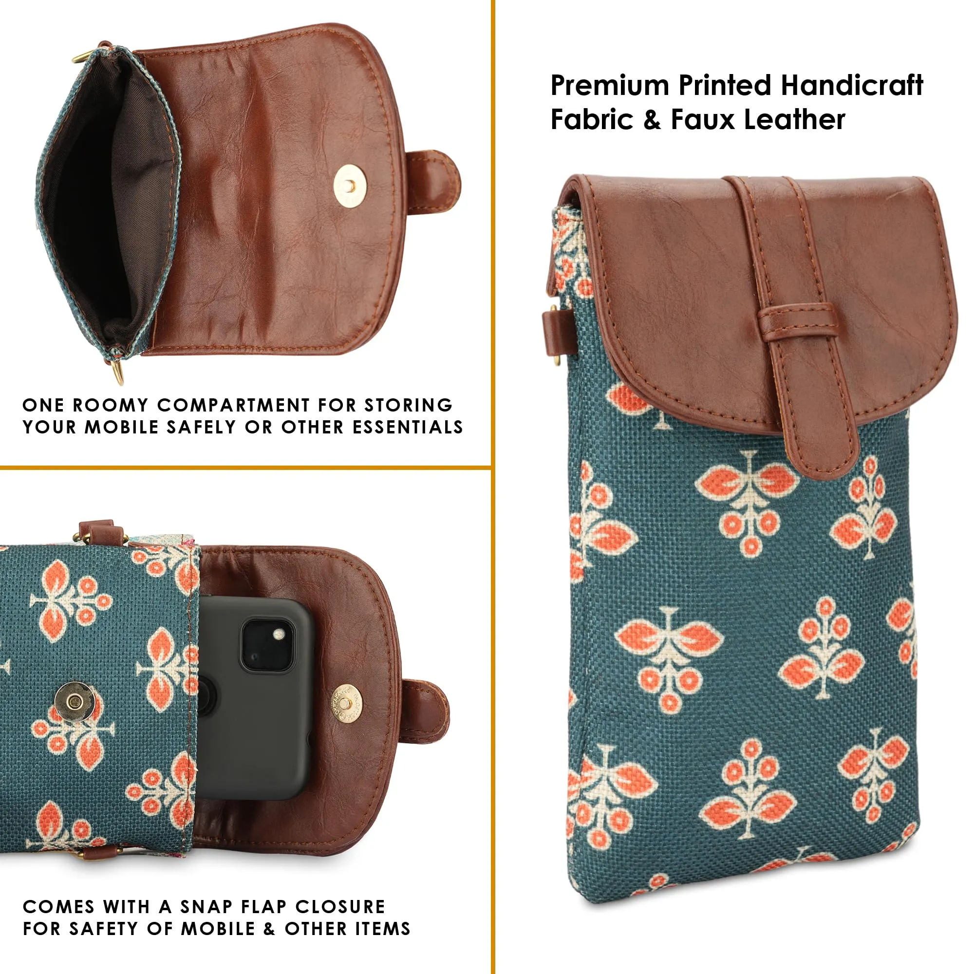 THE CLOWNFISH Flexiflare Series Mobile Sling for Women Printed Handicraft Fabric & Faux leather Casual Ladies Mobile Pouch Crossbody Bag for College Girls (Persian Green)